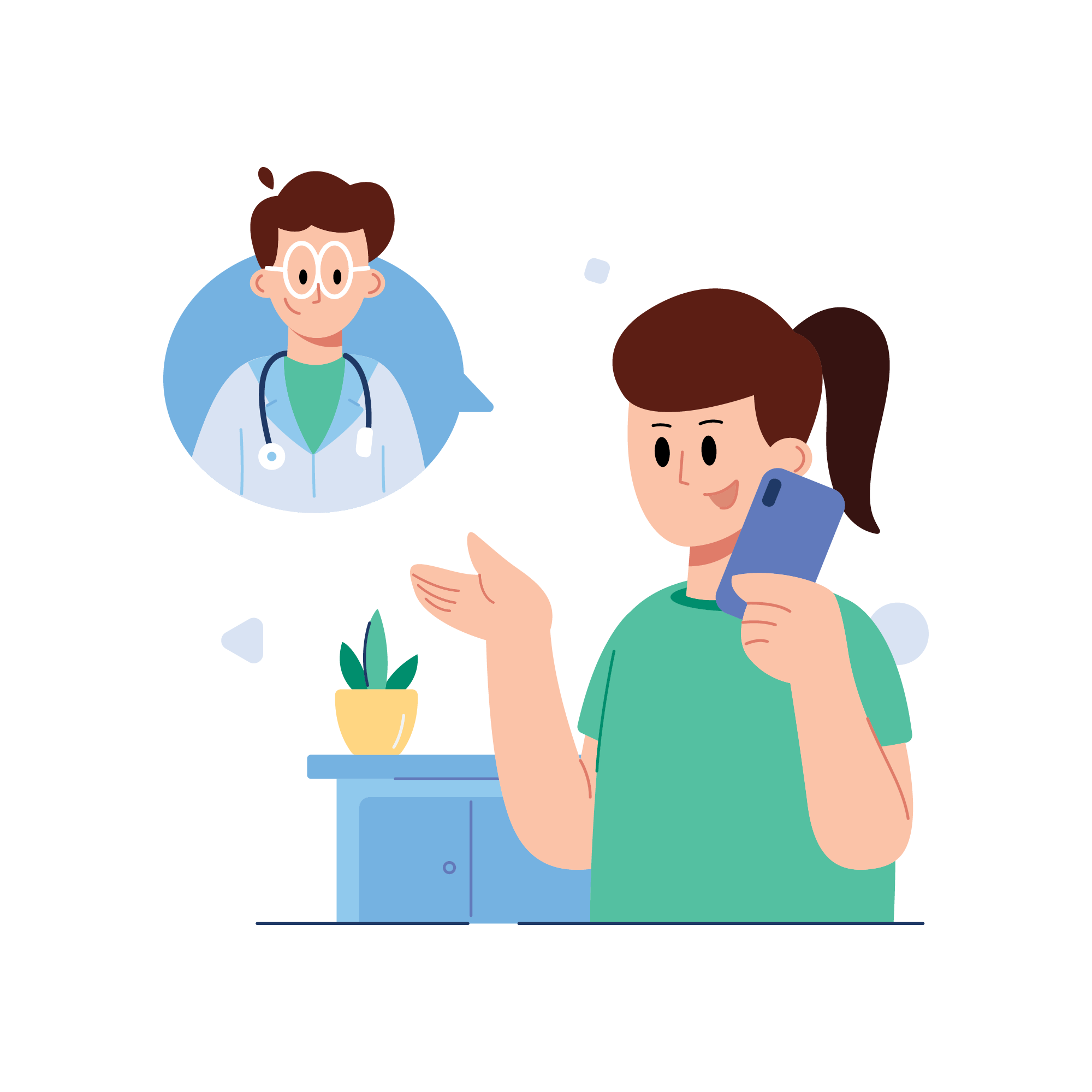 Doctor-Consultation Woman on phone discussing pain with doctor